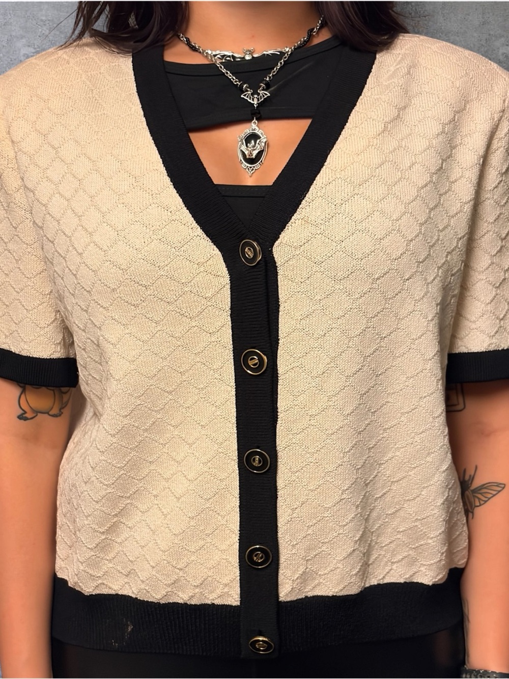 St. John Beige and Black Short Sleeve Button-Down Cardigan